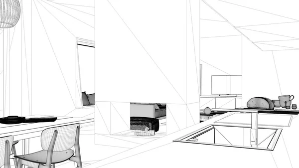 Проект чертежа, уютная кухня рядом с раковиной и краном, обеденный стол и стулья, современный камин, гостиная, диван, окно, шкаф для телевизора, современный дизайн интерьера — стоковое фото