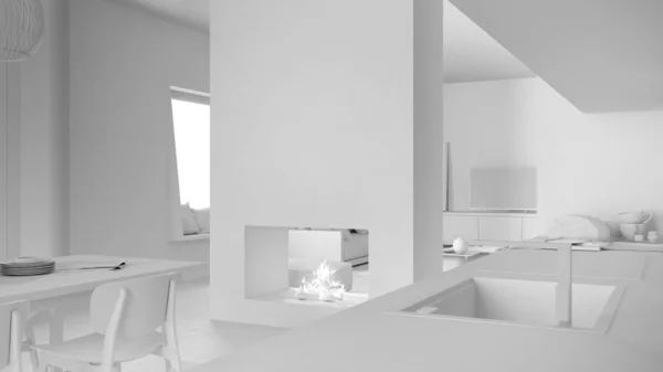 Total white project draft, hangulatos konyha mosogatóval és csapokkal, étkező asztal és székek, modern kandalló, nappali, kanapé, ablak, tv szekrény, kortárs belsőépítészet — Stock Fotó