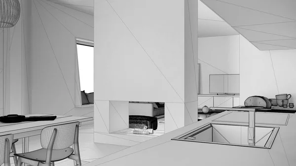 Unfinished σχέδιο έργου, ζεστή κουζίνα close up με νεροχύτη και βρύση, τραπεζαρία και καρέκλες, σύγχρονο τζάκι, σαλόνι, καναπέ, παράθυρο, τηλεόραση ντουλάπι, σύγχρονη εσωτερική διακόσμηση — Φωτογραφία Αρχείου