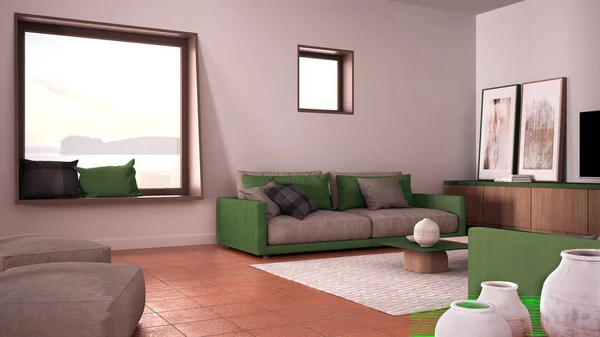 Acogedor salón verde y beige con sofá y almohadas, salón, alfombra, mesa de centro, puf y decoración, ventana panorámica, suelos de baldosas de terracota, diseño interior contemporáneo — Foto de Stock