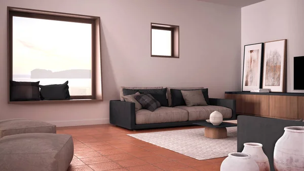 Cosy dark gray and beige living room with sofa and pillows, lounge, carpet, coffee table, pouf and decors, panoramic window, terracotta tile floors, contemporary interior design