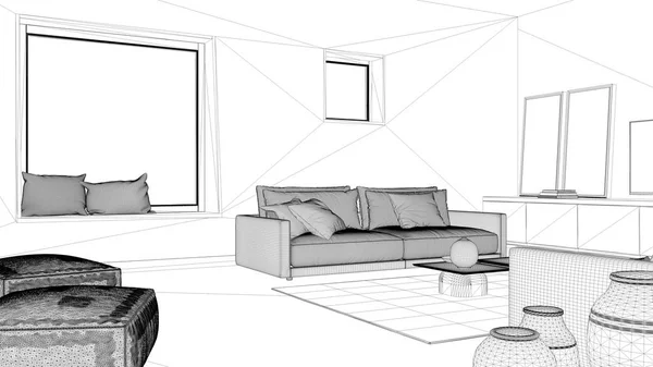 Projeto projeto rascunho, aconchegante sala de estar com sofá e travesseiros, salão, tapete, mesa de café com vasos, pufe e decorações, grande janela quadrada, design de interiores contemporâneos — Fotografia de Stock