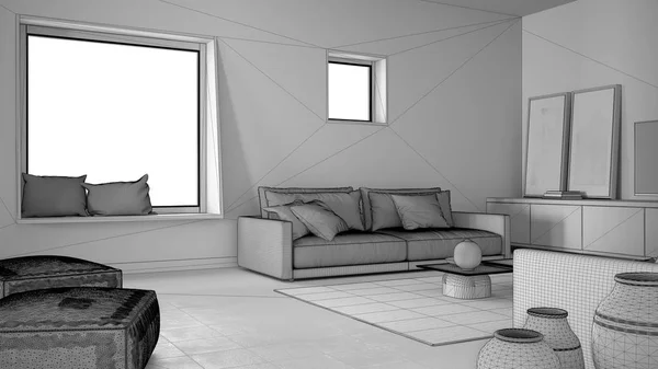 Nedokončený návrh projektu, útulný obývací pokoj s pohovkou a polštáři, společenská místnost, koberec, konferenční stolek s vázami, brašna a dekorace, velké čtvercové okno, moderní design interiéru — Stock fotografie