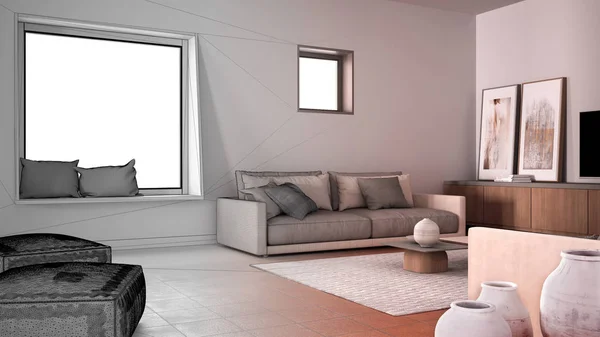 Architect interior designer concept: unfinished project that becomes real, cosy living room with sofa and pillows, lounge, carpet, coffee table, pouf and decors, contemporary design — 스톡 사진