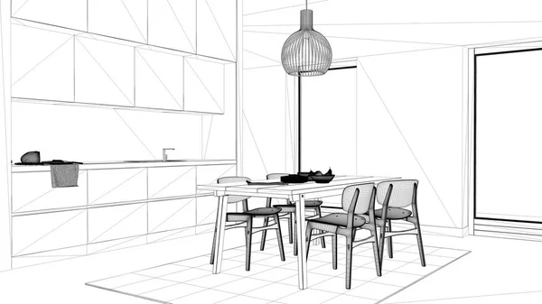 Projektentwurf, gemütliche Küche mit Esstisch und Stühlen, Spüle und Wasserhahn, Schränke, Teppich und Pendelleuchte, große Panoramafenster, zeitgemäßes Interieur — Stockfoto