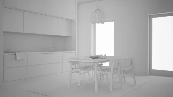 Totale witte projectontwerp, gezellige keuken met eettafel en stoelen, gootsteen en kraan, kasten, tapijt en hanglamp, grote panoramische ramen, eigentijds interieur — Stockfoto