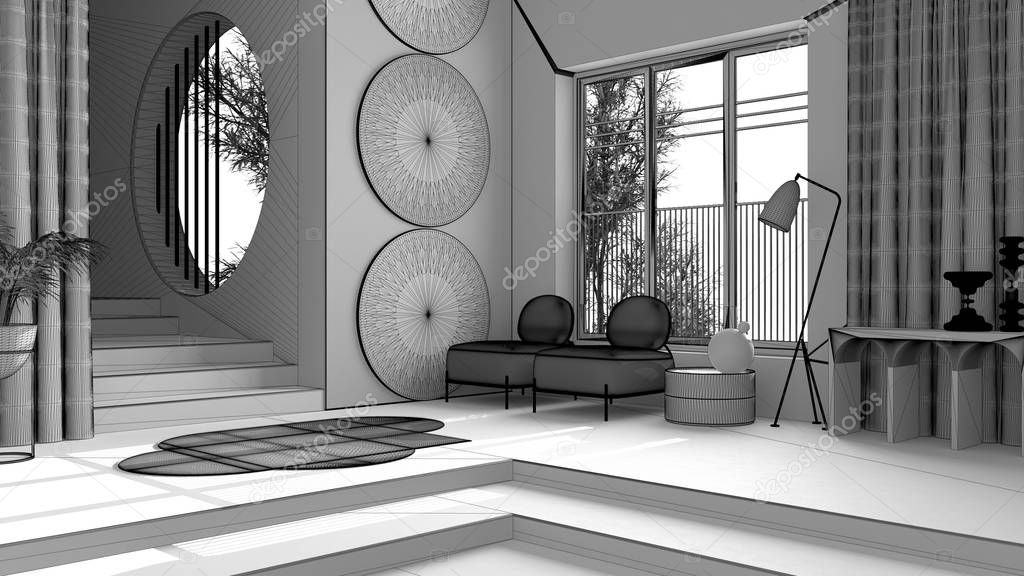 Unfinished project draft, metaphysical abstract object for flat living room in classic space, staircase and walls, armchairs and potted plant, carpet and lamps, interior design