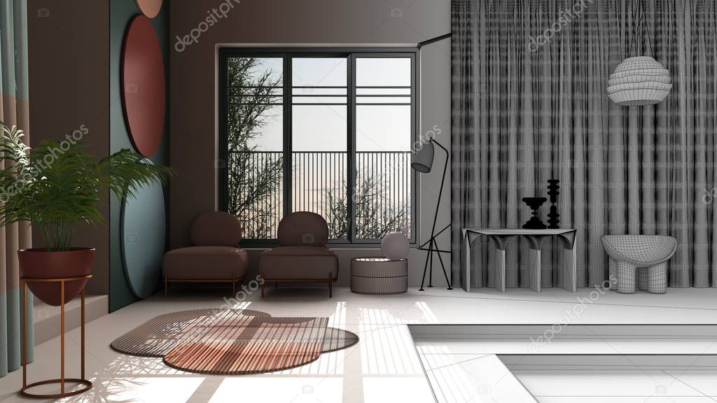 Architect interior designer concept: unfinished project that becomes real, pastel colors and metaphysical abstract object for flat living room, concrete staircase, armchairs, decors