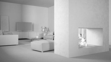 Tamamen beyaz proje taslağı, rahat oturma odası, yastıklı ve dekorlu kanepe, halı, sehpa ve puf, modern büyük şömine, televizyon, televizyon, çağdaş iç tasarım