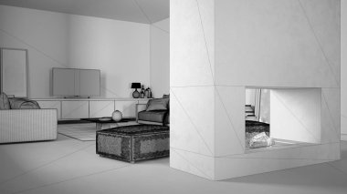 Tamamlanmamış proje taslağı, rahat oturma odası, yastıklı ve dekorlu kanepe, halı, sehpa ve puf, modern büyük şömine, televizyon, televizyon, çağdaş iç tasarım