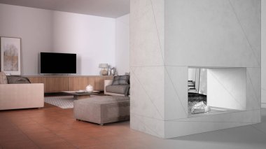 Mimari iç mimar konsepti: Bitmemiş proje gerçek, rahat oturma odası, halı, sehpa ve puf kaplı kanepe, modern şömine, televizyon kabini, çağdaş tasarım