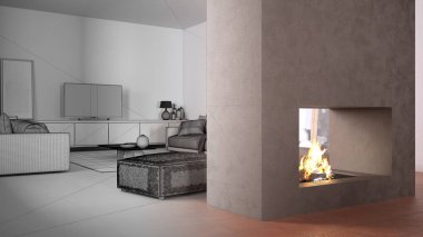 Mimari iç mimar konsepti: Bitmemiş proje gerçek, rahat oturma odası, halı, sehpa ve puf kaplı kanepe, modern şömine, televizyon kabini, çağdaş tasarım