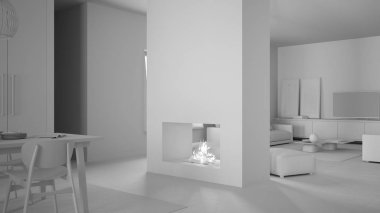 Tamamen beyaz proje taslak, kanepe, halı, dekorlu kahve masası, modern şömine, yemek masalı mutfak, çağdaş iç tasarım.