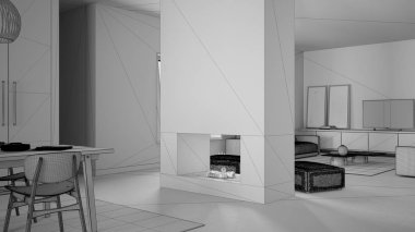 Tamamlanmamış proje taslağı, kanepeli, halısı olan rahat oturma odası dekorlu kahve masası, modern şömine, yemek masalı mutfak, çağdaş iç tasarım.