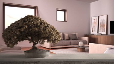 Saksı çiçekli ahşap masa rafı, bej yapraklar, çiçekler, rahat oturma odasında kanepe ve halı, modern iç tasarım, zen temiz mimari konsept fikri