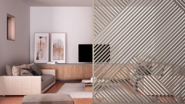 Tahta paneli yakın çekim, rahat oturma odası kanepe ve yastıklar, dinlenme odası, halı, puf ve dekorlar. Minimalist zen iç tasarım fikri, çağdaş mimari şablonu