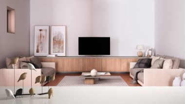 Beyaz masa üstü veya rafta minimalist kuş süsü, kuş süsü - bulanık gri ve bej renkli oturma odası, kanepe, halı, modern iç tasarım