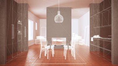 Terracotta döşemeleri, beyaz beton duvarları, özel mimari tasarım projesi, beyaz mürekkep çizimi, şömine iç dizaynlı mutfağı gösteren plan.