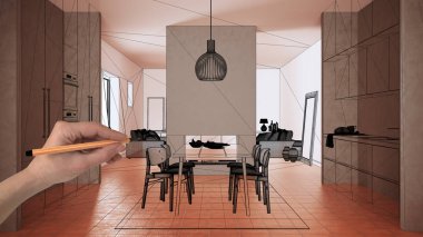 Terracotta döşemeleri, beyaz beton duvarları, el çizimi özel mimari tasarımı, siyah mürekkep çizimi, şömine tasarımlı mutfağı gösteren bir plan.