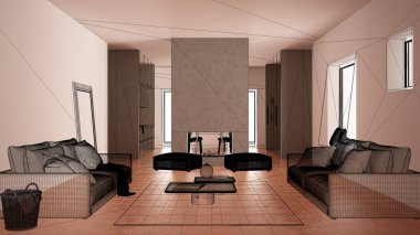 Terracotta döşemeleri, beyaz beton duvarları, özel mimari tasarım projesi, siyah mürekkep çizimi, şömine iç dizaynlı odaları gösteren plan.