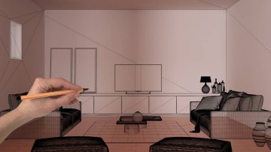 Terracotta döşemeleri, beyaz beton duvarları, el çizimi özel mimari tasarımı, siyah mürekkep çizimi, oturma odası tasarımını gösteren taslağı olan boş beyaz iç döşeme.