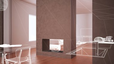 Terracotta döşemeleri, beyaz beton duvarları, özel mimari tasarım projesi, beyaz mürekkep çizimi, şömine iç dizaynlı mutfağı gösteren plan.