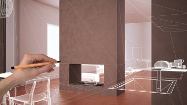 Terracotta döşemeleri, beyaz beton duvarları, el çizimi özel mimari tasarımı, beyaz mürekkep çizimi, şömine tasarımlı mutfağı gösteren bir plan.