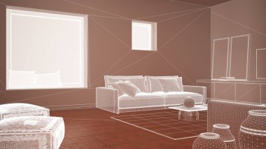 Terracotta döşemeleri, beyaz beton duvarları, özel mimari tasarım projesi, beyaz mürekkep çizimi, oturma odasının iç tasarımını gösteren plan.