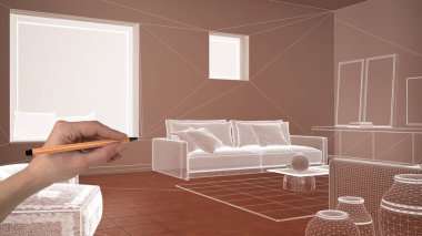 Terracotta döşemeleri, beyaz beton duvarları, el çizimi özel mimari tasarımı, beyaz mürekkep çizimi, oturma odası tasarımını gösteren bir plan.