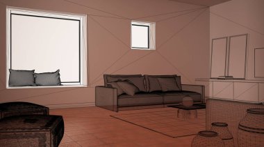 Terracotta döşemeleri, beyaz beton duvarları, özel mimari tasarım projesi, siyah mürekkep çizimi, oturma odasının iç tasarımını gösteren plan.