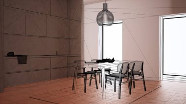 Terracotta döşemeleri, beyaz beton duvarları, özel mimari tasarım projesi, siyah mürekkep çizimi, masa içi tasarımı olan mutfağı gösteren plan.