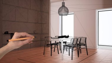 Terracotta döşemeleri, beyaz beton duvarları, el çizimi özel mimari tasarımı, siyah mürekkep çizimi, masa tasarımlı mutfağı gösteren bir plan.