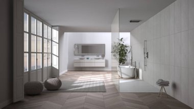 Parke zeminli bej renkli banyo, panoramik pencere, banyo ve serbest banyo, puflu halı, çift lavabo, saksı, minimalist iç tasarım.