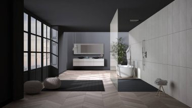 Parke zemin, panoramik pencere, duşlar, serbest banyo, halı, puf, çift lavabo, saksı, minimalist iç dizayn.