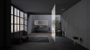 Parke zemin, panoramik pencere, banyo ve ferah küvet, puflu halı, çift lavabo, saksı, minimalist iç tasarım