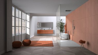 Parke zemin, panoramik pencere, banyo ve serbest banyo, puflu halı, çift lavabo, saksı, minimalist iç tasarım