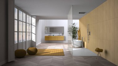 Parke zemin, panoramik pencere, banyo ve serbest banyo, puflu halı, çift lavabo, saksı, minimalist iç tasarım