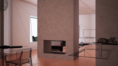 Terracotta döşemeleri, beyaz beton duvarları, özel mimari tasarım projesi, siyah mürekkep çizimi, şöminenin içi olan mutfağı gösteren plan.