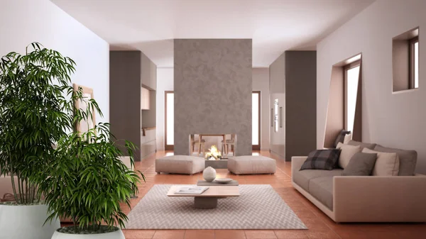 Zen iç döşeme bambu fabrikası, doğal iç dizayn konsepti, kanepe, halı, masa ve puf, beton modern şömine, iç dizayn fikri ile rahat güvercin gri oturma odası