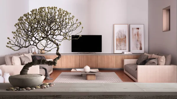 Vintage wooden table shelf with pebble and potted bloom bonsai, white flowers, over cosy dove gray and beige living room with sofa and pillows, zen clean architecture concept idea — 스톡 사진