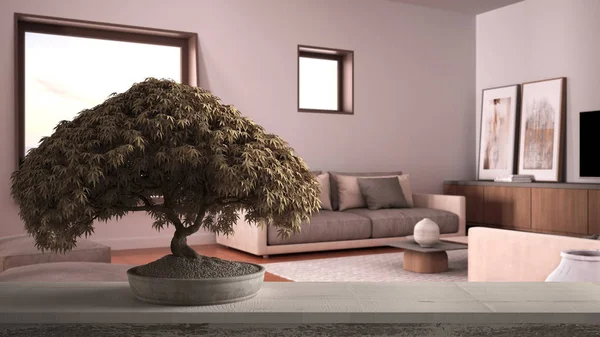 Saksı çiçekli ahşap masa rafı, bej yapraklar, çiçekler, rahat oturma odasında kanepe ve halı, modern iç tasarım, zen temiz mimari konsept fikri