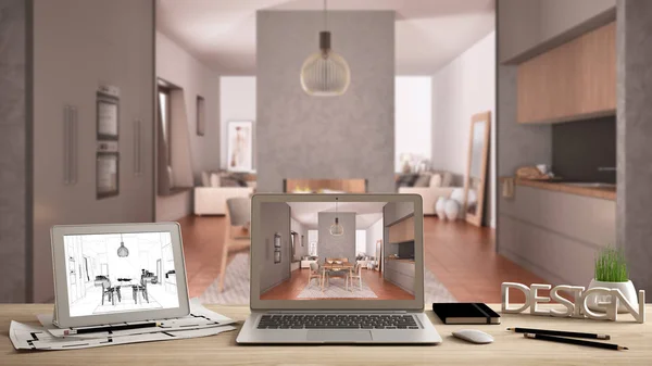 Architect designer desktop concept, laptop and tablet on wooden desk with screen showing interior design project and CAD sketch, blurred draft in the background, cosy gray kitchen — 스톡 사진