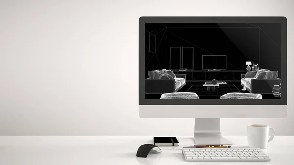 Architect huis project concept, desktop computer op witte achtergrond, bureau met Cad schets, moderne woonkamer met bank en tapijt interieur — Stockfoto