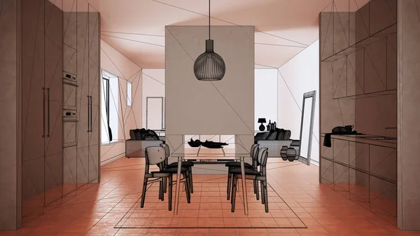 Terracotta döşemeleri, beyaz beton duvarları, özel mimari tasarım projesi, siyah mürekkep çizimi, şömine iç tasarımı olan mutfağı gösteren plan.