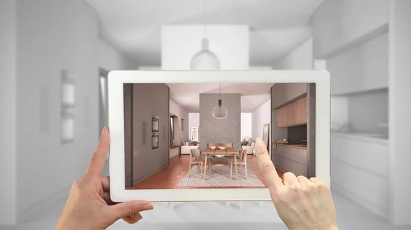 Conceito Realidade Aumentada Tablet Mão Com Aplicação Usado Para Simular — Fotografia de Stock