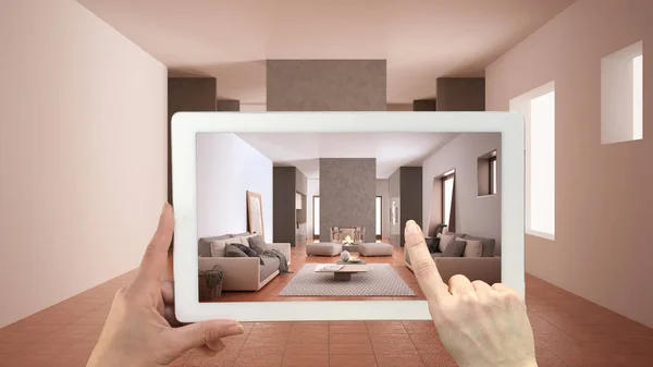 拡張現実概念。テラスタイル床、居心地の良いリビングルームと空のインテリアで家具やデザイン製品をシミュレートするために使用されるArアプリケーションとハンドホールドタブレット — ストック写真