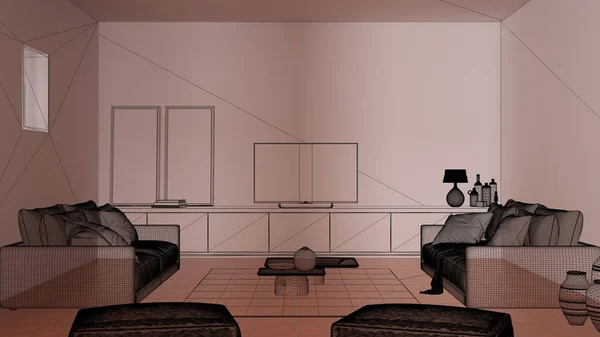 Пустой белый интерьер с терракотовой плиткой пол, белые бетонные стены, индивидуальный проект архитектуры, черно-чернильный эскиз, чертеж, показывающий дизайн интерьера гостиной — стоковое фото