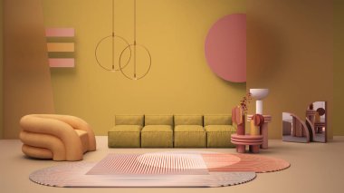 Sarı renkli modern oturma odası, pastel renkler, kanepe, koltuk, halı, sehpa, buzlu cam paneller, bakır kolye lambaları. İç tasarım atmosferi, mimari fikir