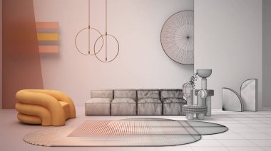 Mimari iç mimar konsepti: gerçek, çağdaş oturma odası, kanepe, koltuk, halı, cam paneller, lambalar haline gelen tamamlanmamış proje. Tasarım atmosferi, mimari fikir