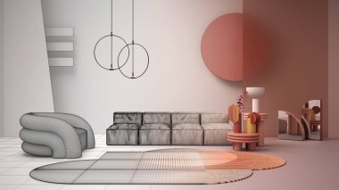 Mimari iç mimar konsepti: gerçek, çağdaş oturma odası, kanepe, koltuk, halı, cam paneller, lambalar haline gelen tamamlanmamış proje. Tasarım atmosferi, mimari fikir